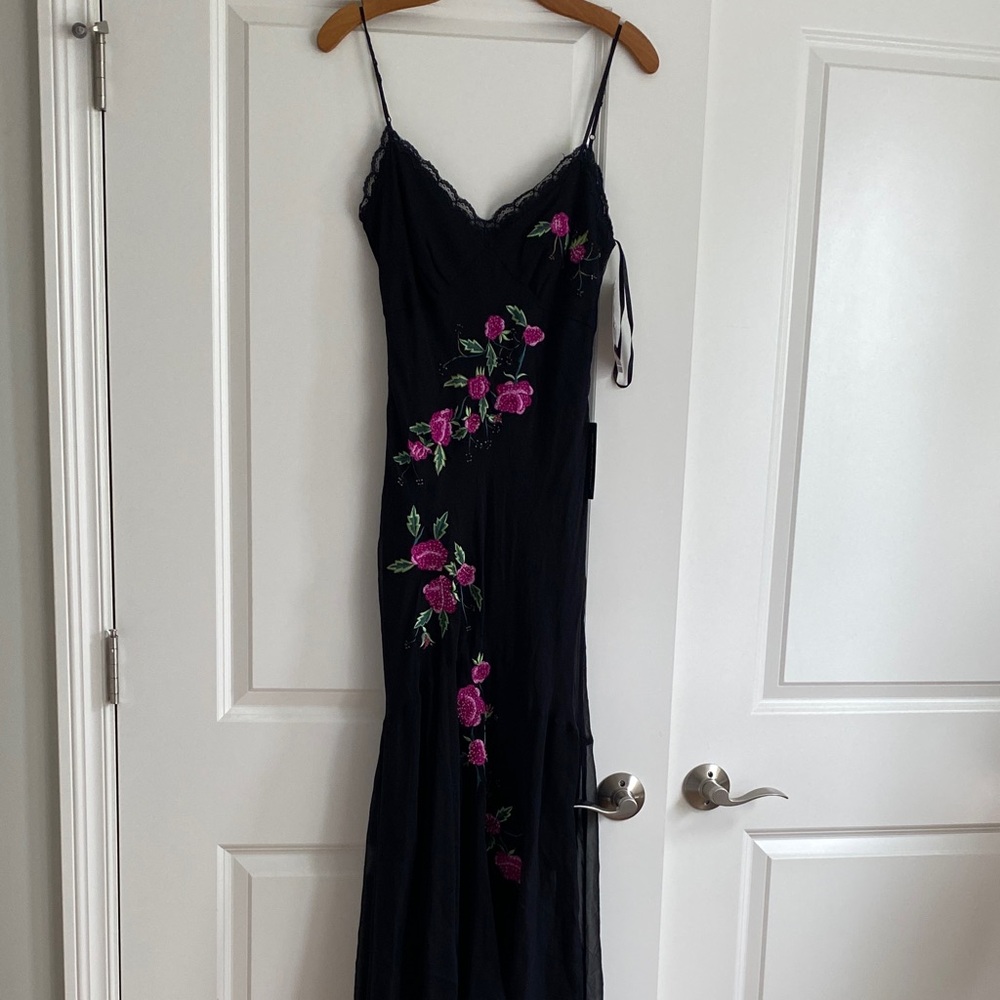 Black Maxi Slip Dress with Pink Floral Embroidery
